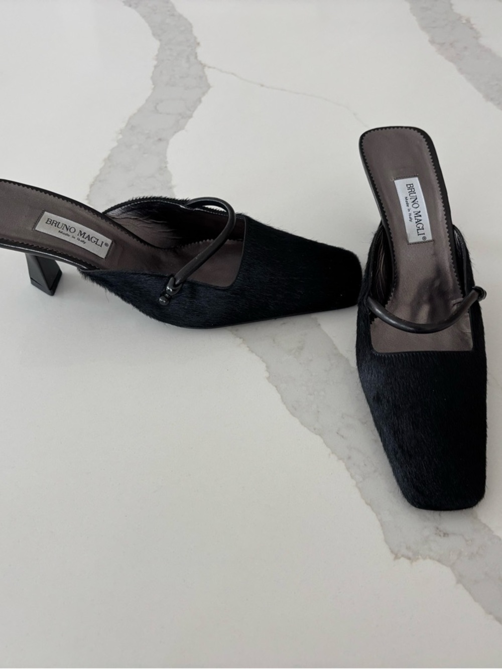 Bruno Magli Black Square-Toe Haircalf Mules